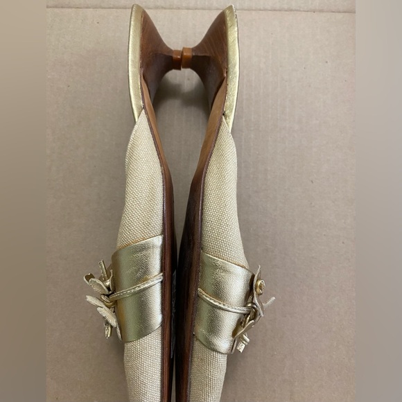Talbots mules. Tan fabric with gold metallic accents. - Picture 3 of 3